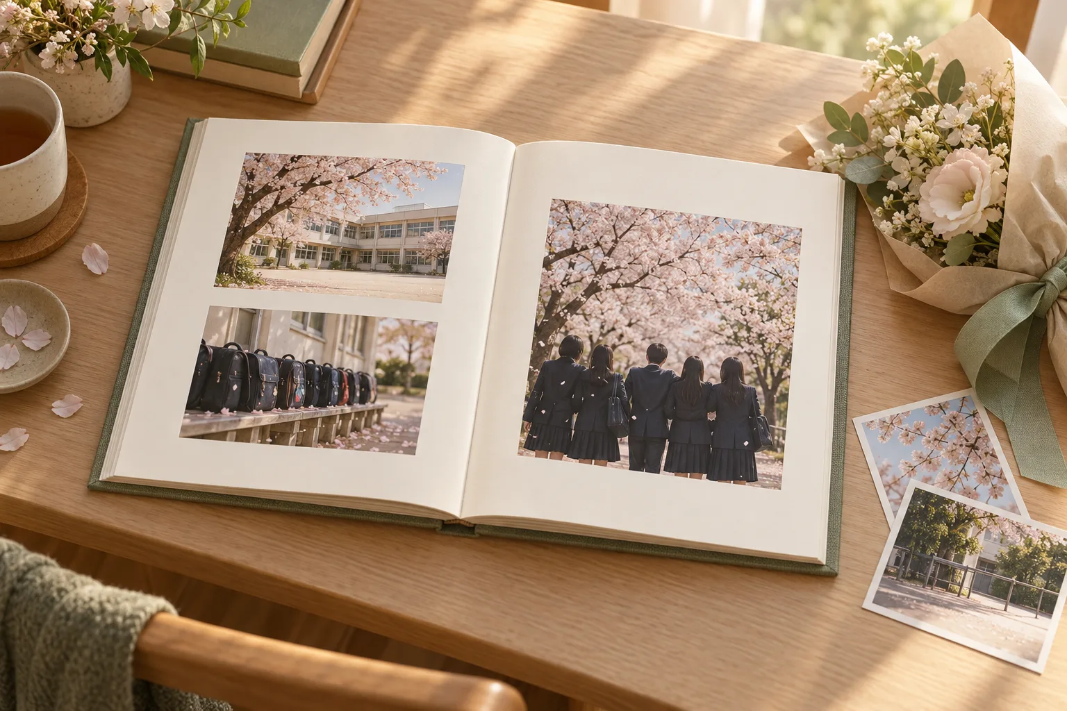 桜や校舎、卒業の思い出を並べたアルバムの生成イメージ